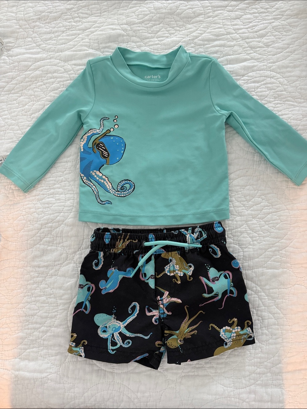 Carter's Aqua/Black Octopus Rash Guard Swim Set